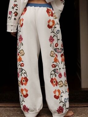 Anthropologie White Floral Embroidered Track Pants